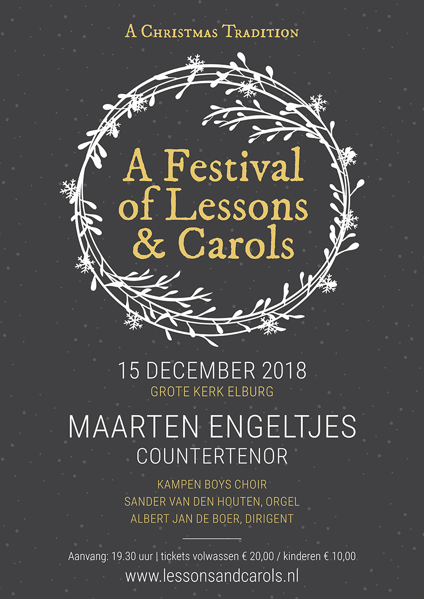 Maarten Engeltjes (countertenor), Kampen boys choir, Sander van den Houten (orgel) en Albert Jan de Boer (dirigent). Op zaterdag 15 december 2018 om 19:30 uur in de Grote Kerk te Elburg.